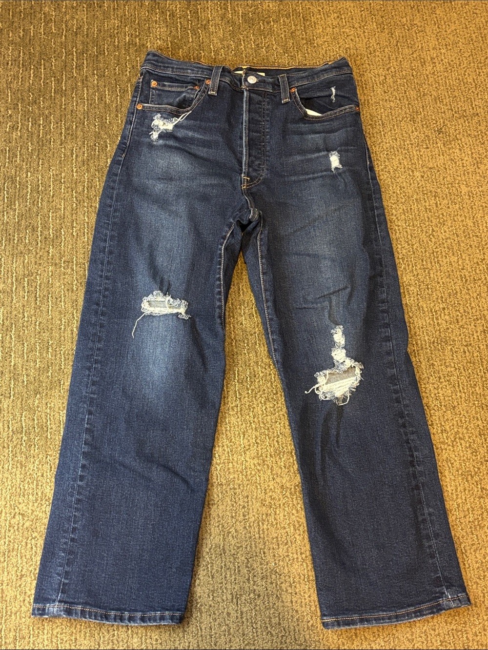 ✨Levi's Women Ribcage Straight Ankle Distressed High Rise Dark Blue Jeans Sz. 30